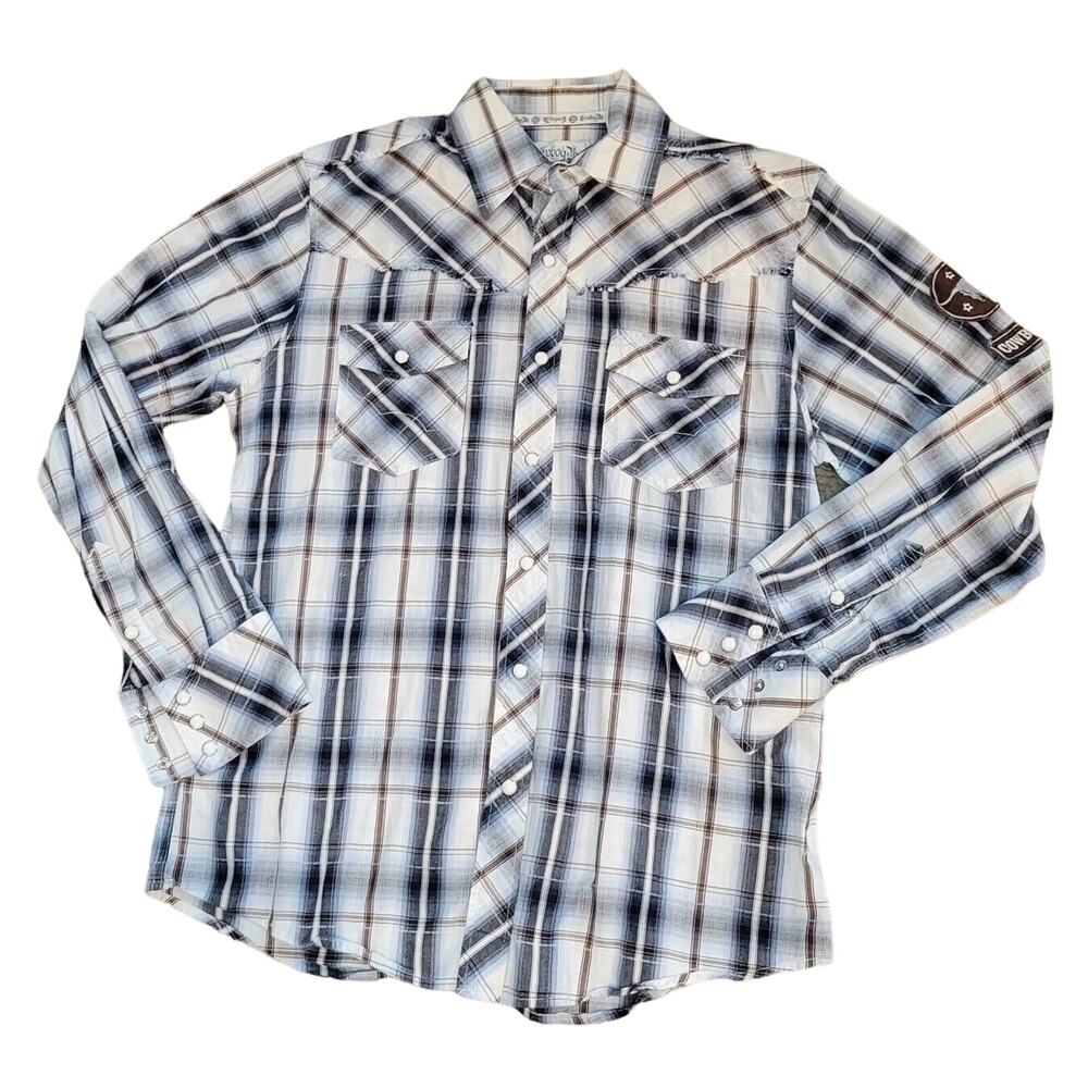 Cowboy Up Brown White Snap Button Down Long Sleeve Size M